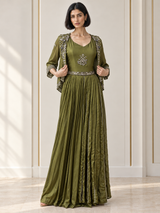 Moss Olive Silver Floral Jacket Gown Set