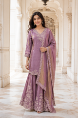 Mauve Gold Embroidered Sharara Set