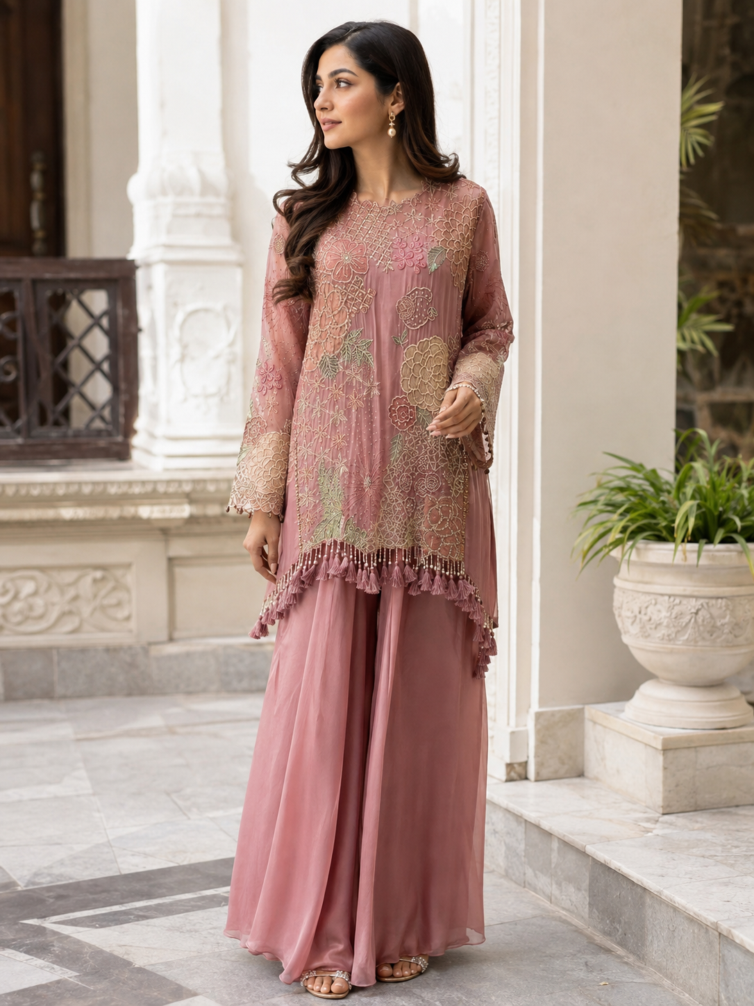 Dusty Rose Botanical Embroidered Festive Ensemble