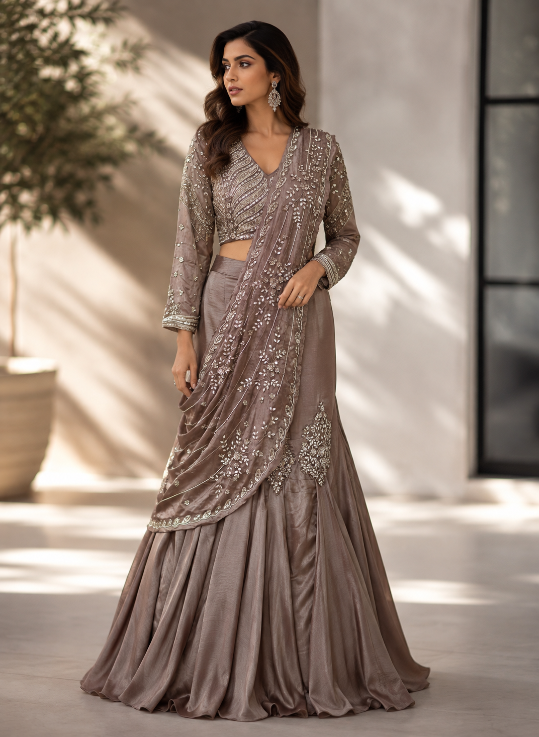 Taupe Silver Embroidered Draped Lehenga Set