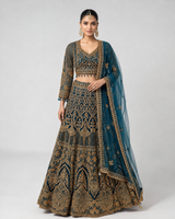 Deep Teal Antique Gold Bridal Lehenga