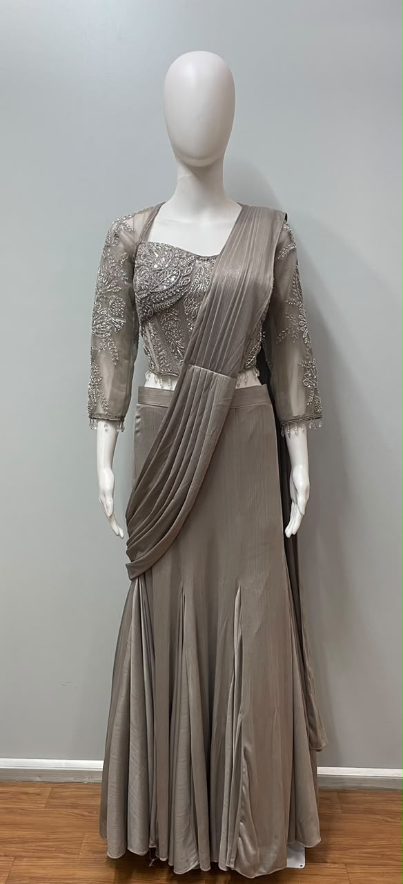 Taupe Silver Draped Saree Set