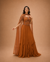 Burnt Orange Embellished Cape Gown Ensemble