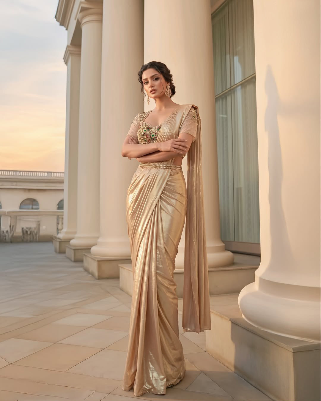 Champagne Drape Saree Couture Ensemble