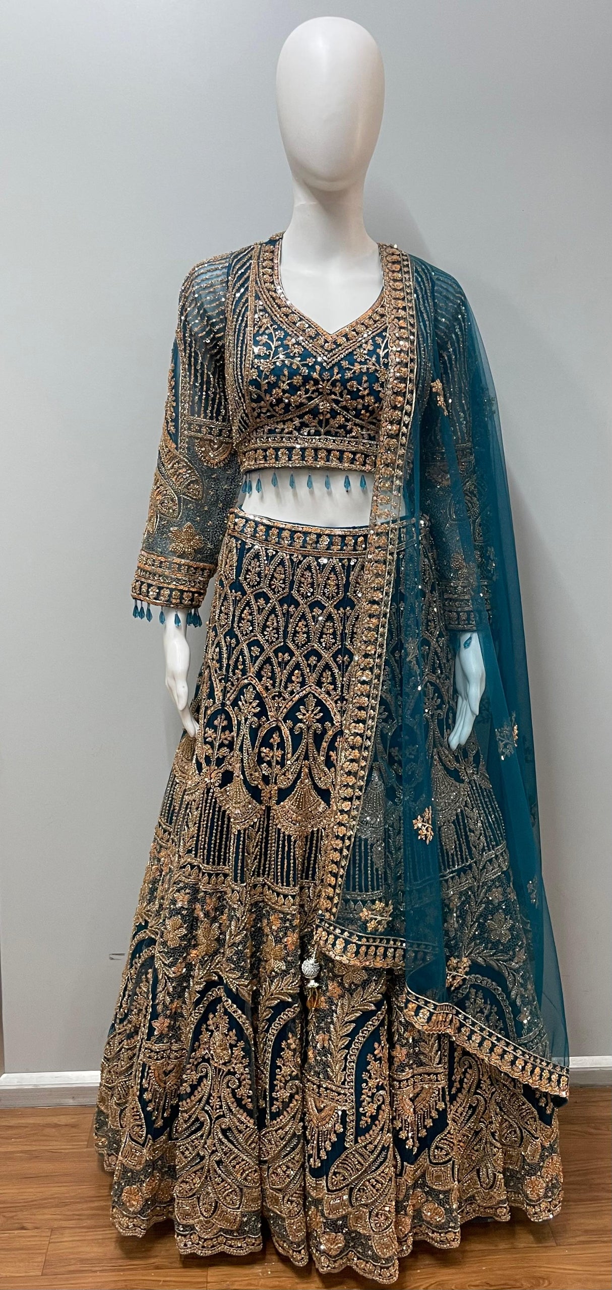 Deep Teal Antique Gold Bridal Lehenga