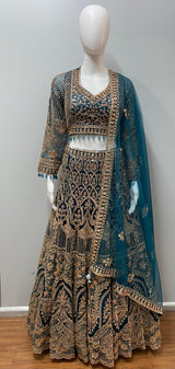 Deep Teal Antique Gold Bridal Lehenga