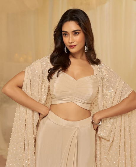 Champagne Luxe Draped Lehenga with Embellished Cape