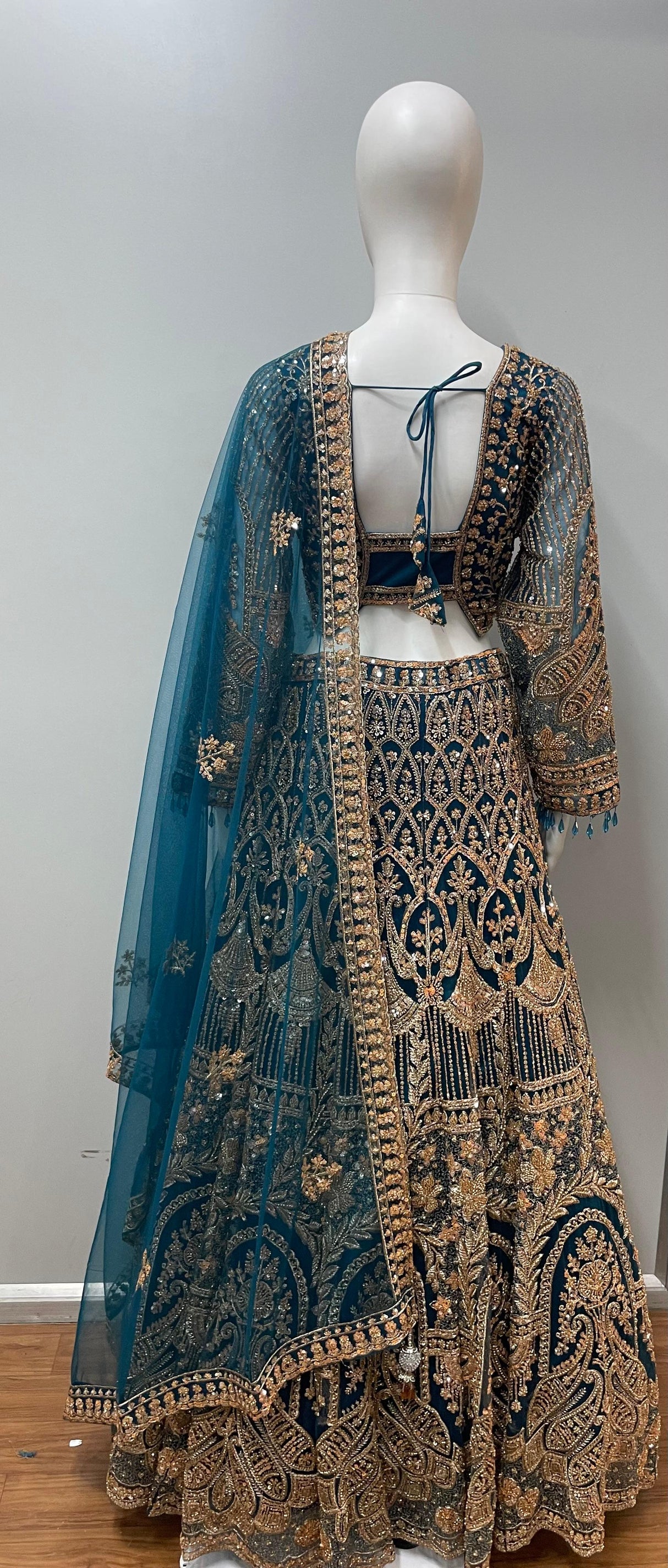 Deep Teal Antique Gold Bridal Lehenga