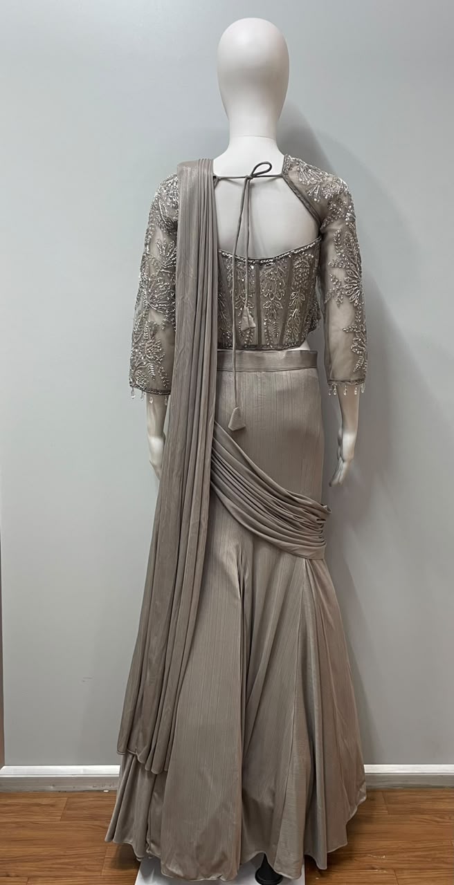 Taupe Silver Draped Saree Set