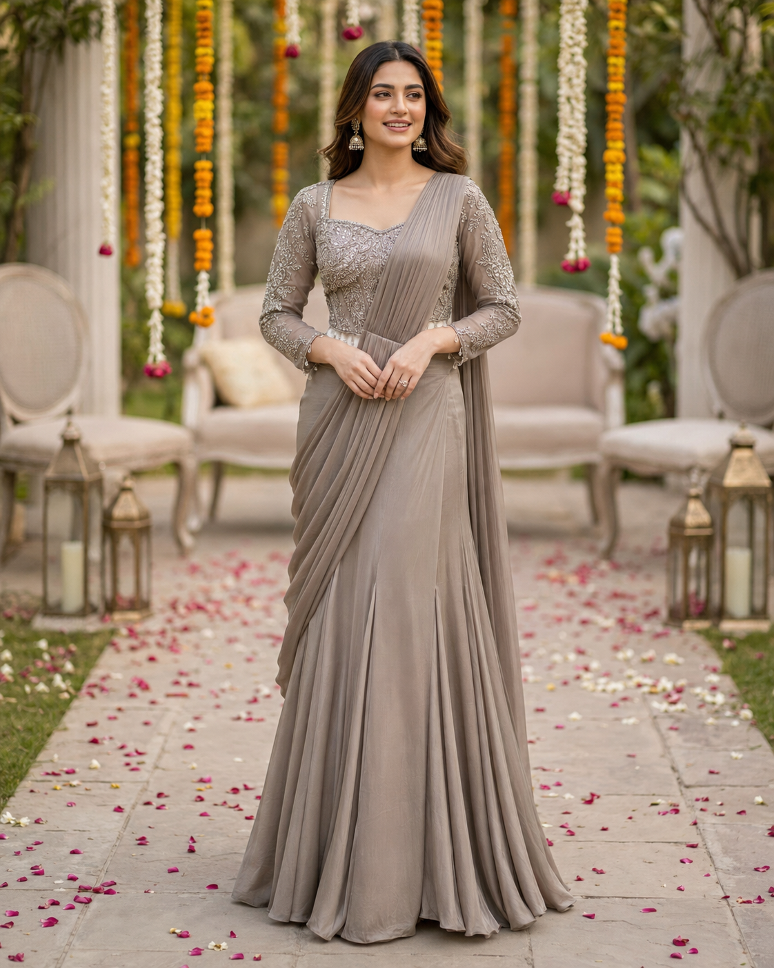 Taupe Silver Draped Saree Set