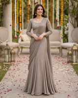 Taupe Silver Draped Saree Set