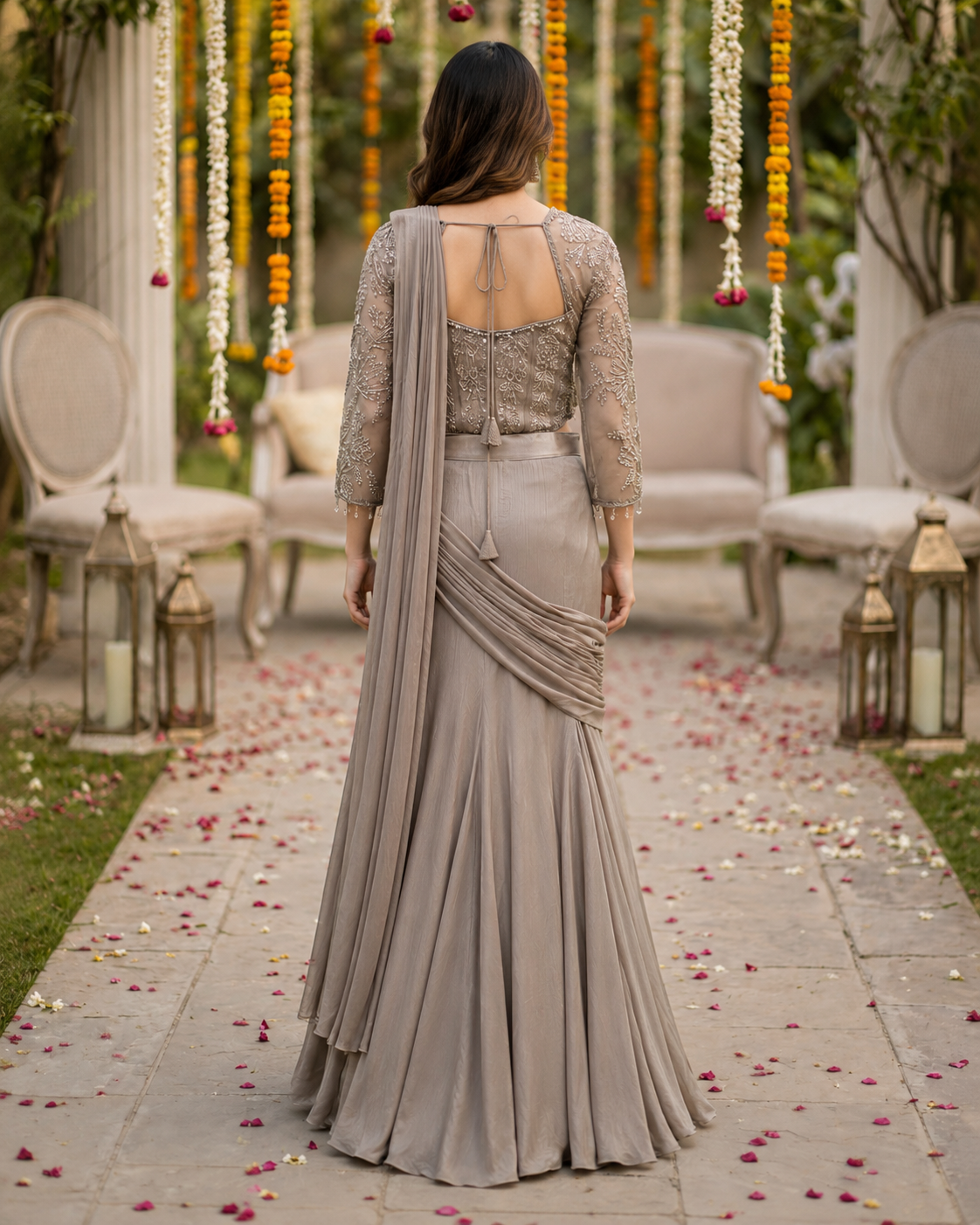 Taupe Silver Draped Saree Set