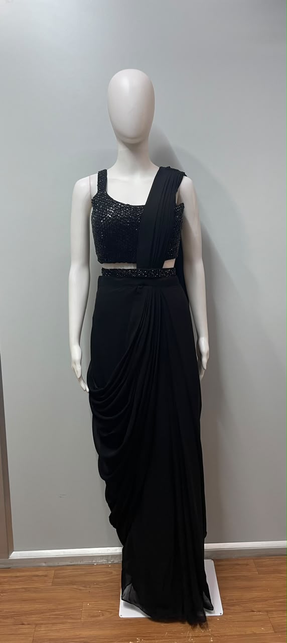 Classic Black Pre-Stitched Saree with Sequin Embellished Blouse – Contemporary Indian Party & Festive Wear