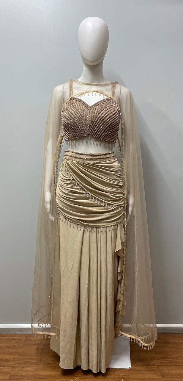 Champagne Pearl Draped Cape Lehenga Set