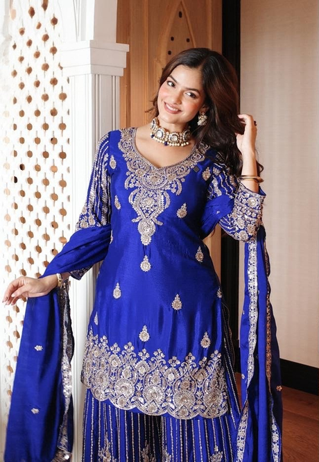 Royal blue kurta with antique silver jewel work and matching dupatta