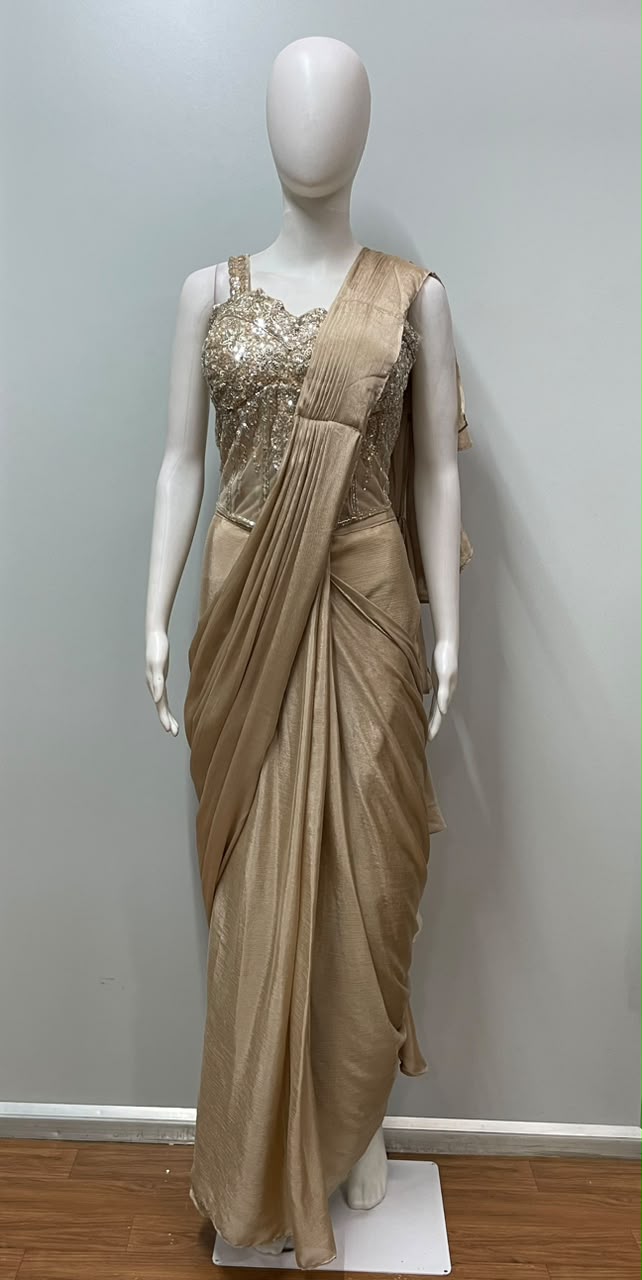Champagne Gold Embellished Pre-Draped Saree Set