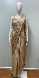 Champagne Gold Embellished Pre-Draped Saree Set