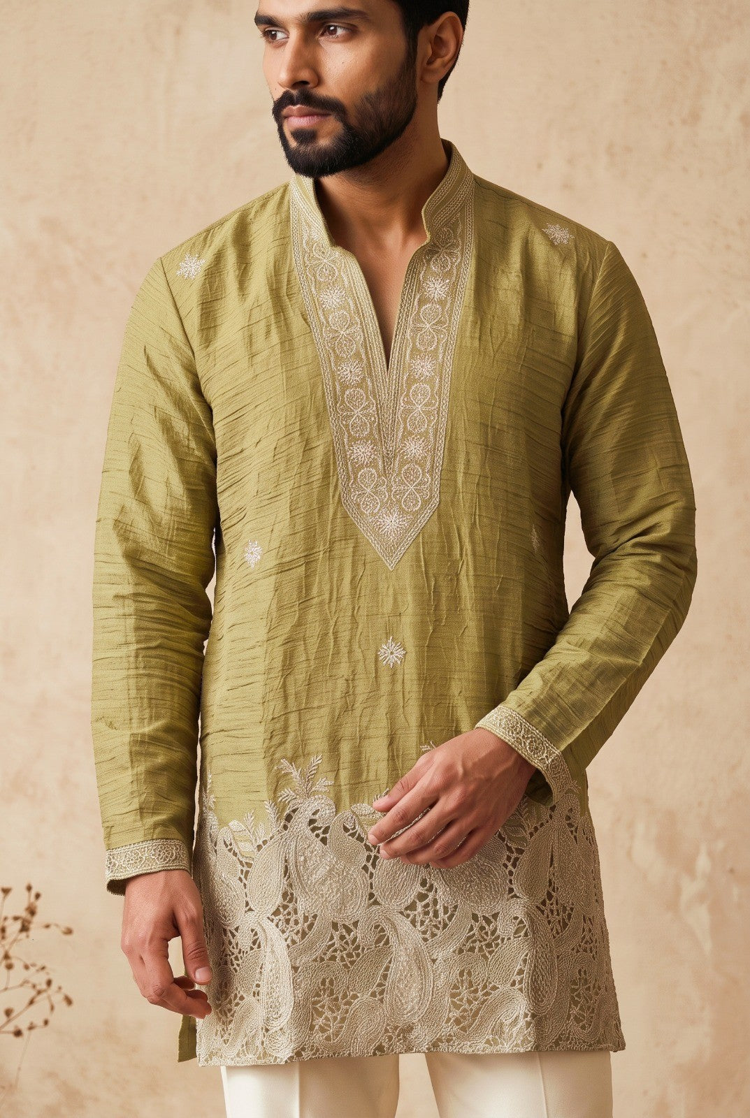 Olive green paisley kurta with ivory trousers and a band collar, full view