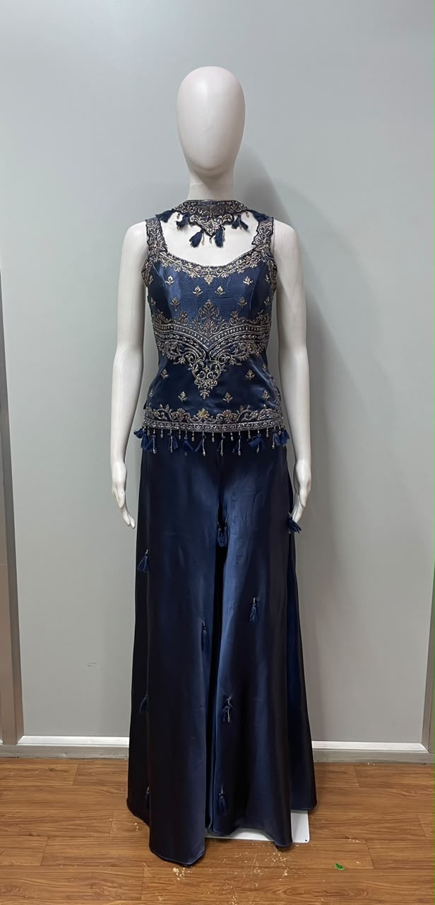 Midnight Navy Antique Gold Embroidered Palazzo Ensemble - alternate view
