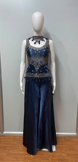 Midnight Navy Antique Gold Embroidered Palazzo Ensemble - alternate view