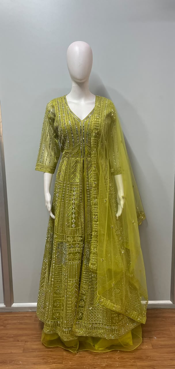 Chartreuse Gold Mirrorwork Anarkali Couture Set