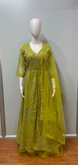 Chartreuse Gold Mirrorwork Anarkali Couture Set