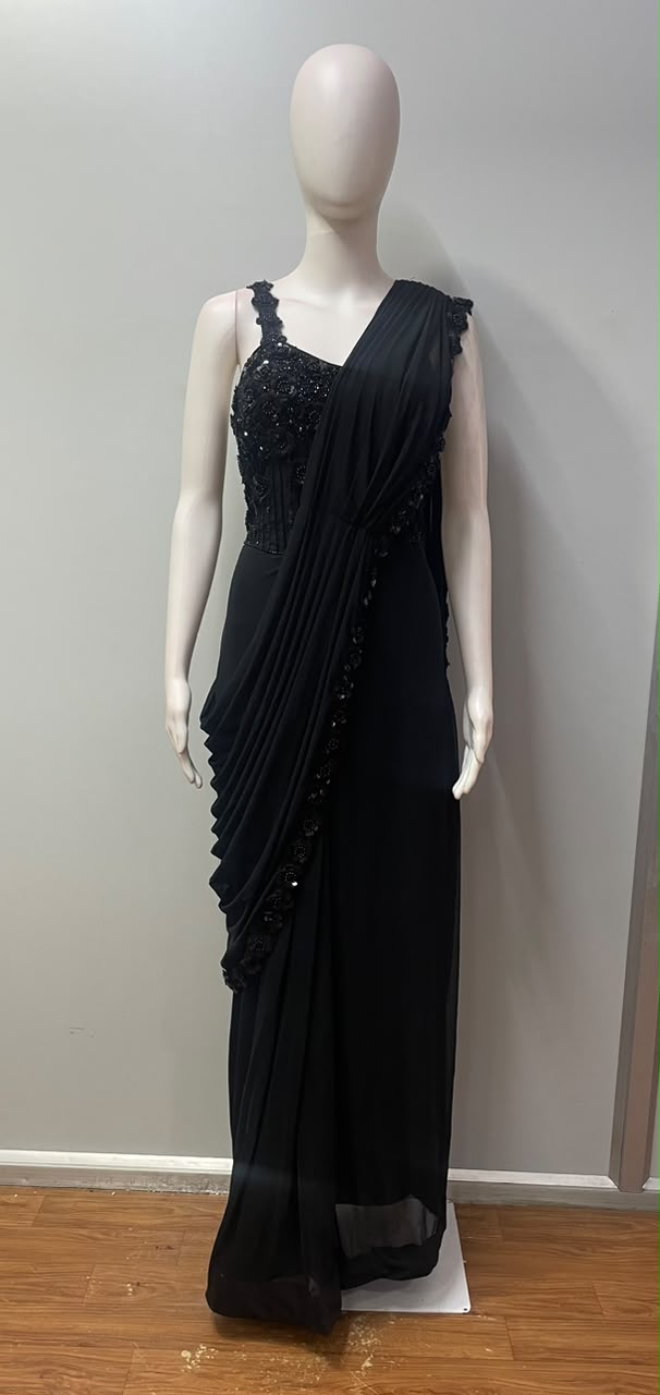 Midnight Black Onyx Floral Jewel Draped Saree Set