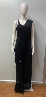 Midnight Black Onyx Floral Jewel Draped Saree Set