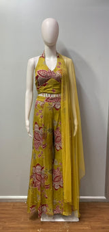 Mustard Yellow Floral Halter Crop Palazzo Set