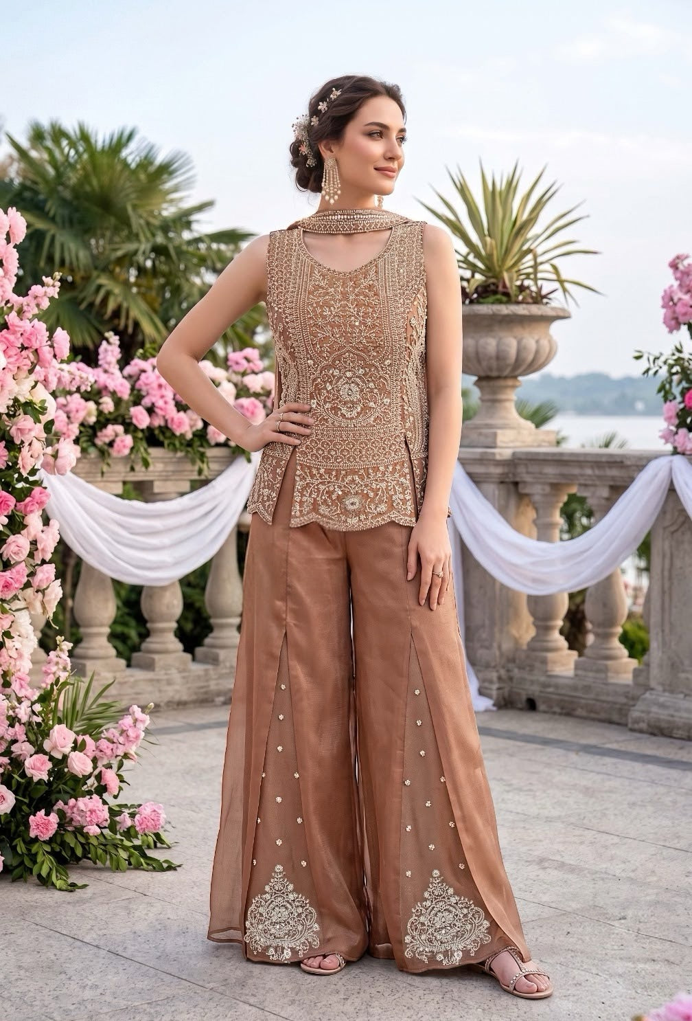 Mocha Taupe Silver Jewel Palazzo Set