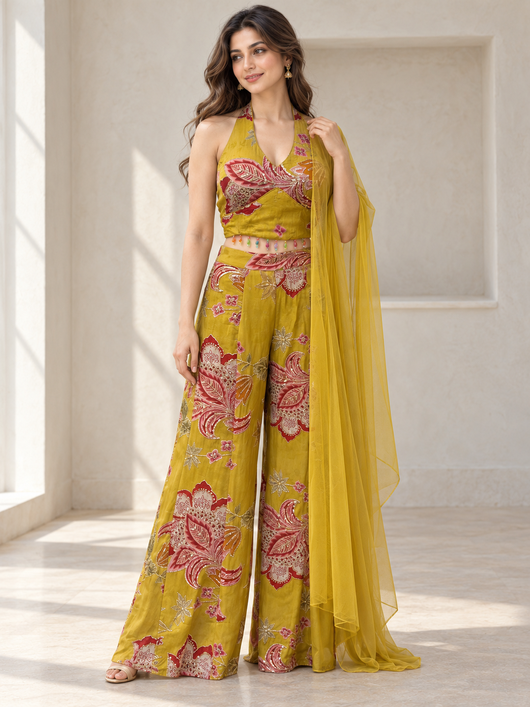 Mustard Yellow Floral Halter Crop Palazzo Set