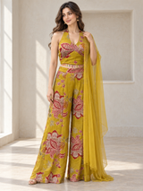 Mustard Yellow Floral Halter Crop Palazzo Set
