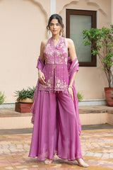 Orchid mauve palazzo set with a halter peplum top and antique gold floral embroidery