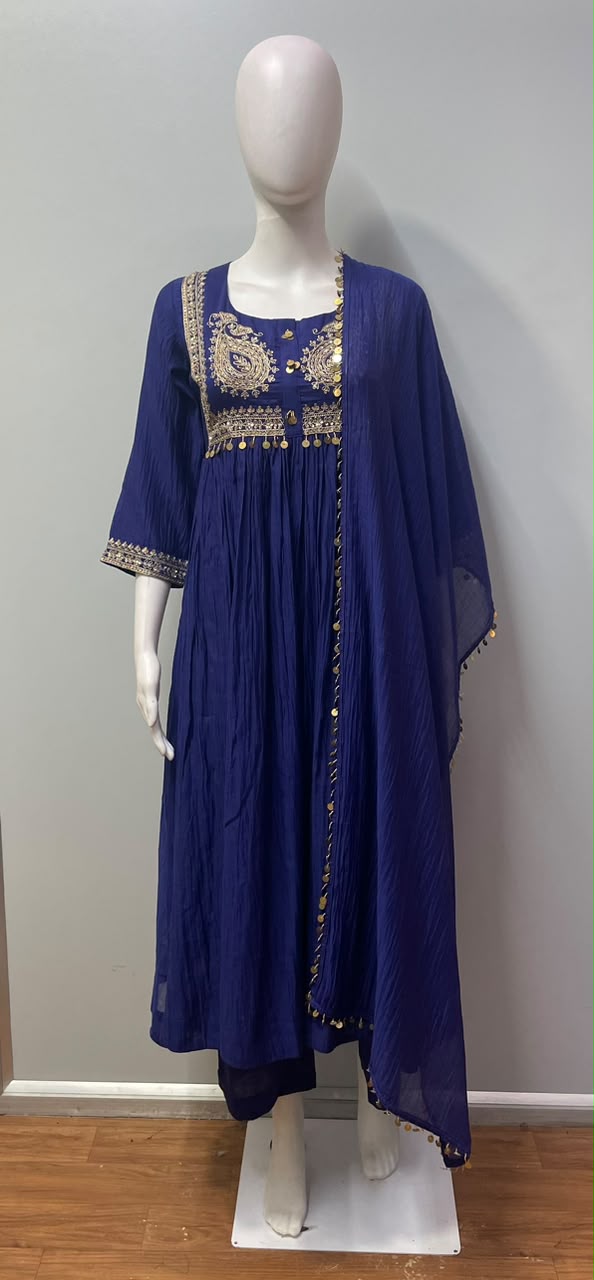 Royal Blue Gold Paisley Anarkali Set