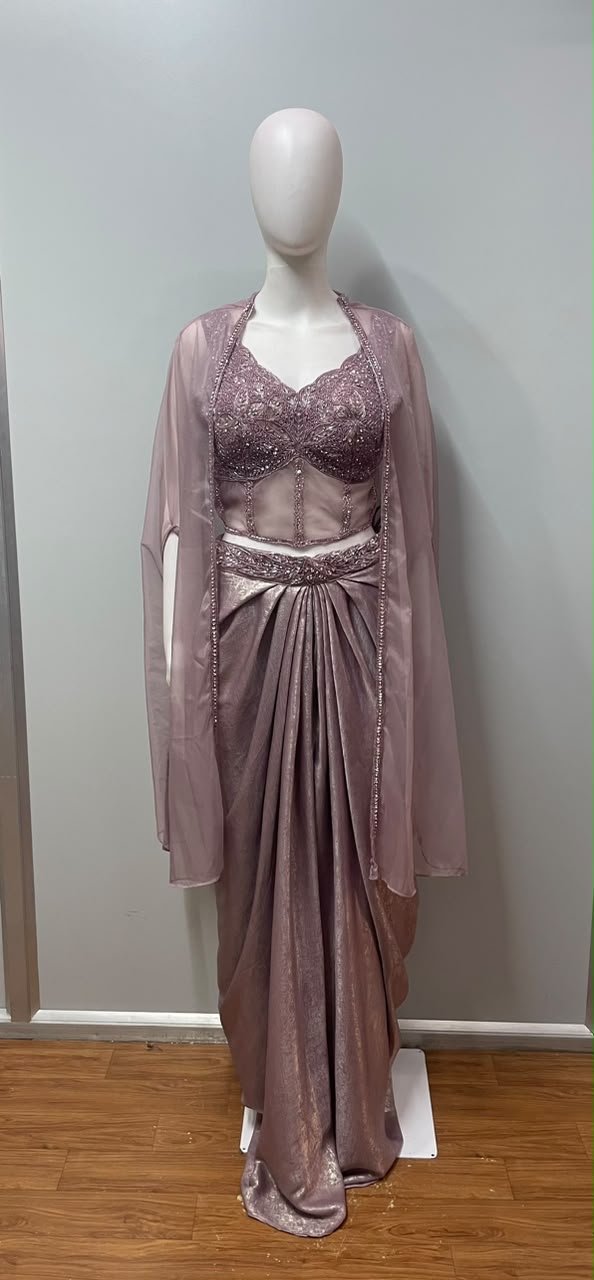 Smoky Mauve Crystal Corset Pre-Draped Saree Set