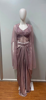 Smoky Mauve Crystal Corset Pre-Draped Saree Set