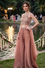 Dusty Rose Gold Jewel Halter Palazzo Set