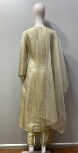 Champagne beige kurta with floral embroidery, shown with matching trousers