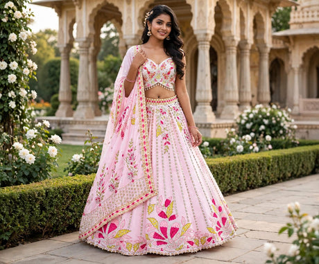 Blush pink lehenga set with colourful floral motifs, reflective detailing and a pearl-trimmed blouse