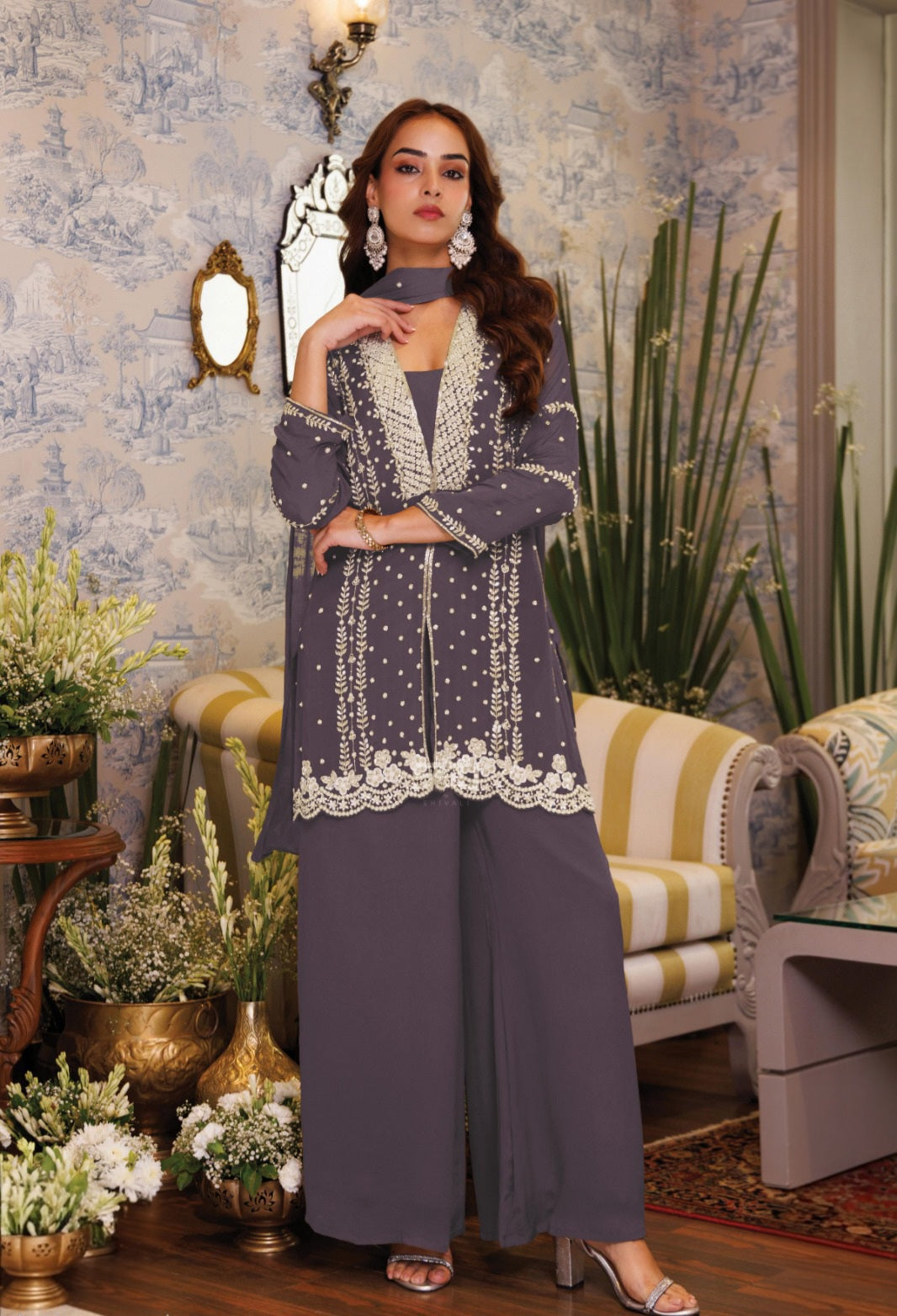Smoky Plum Ivory Floral Palazzo Set