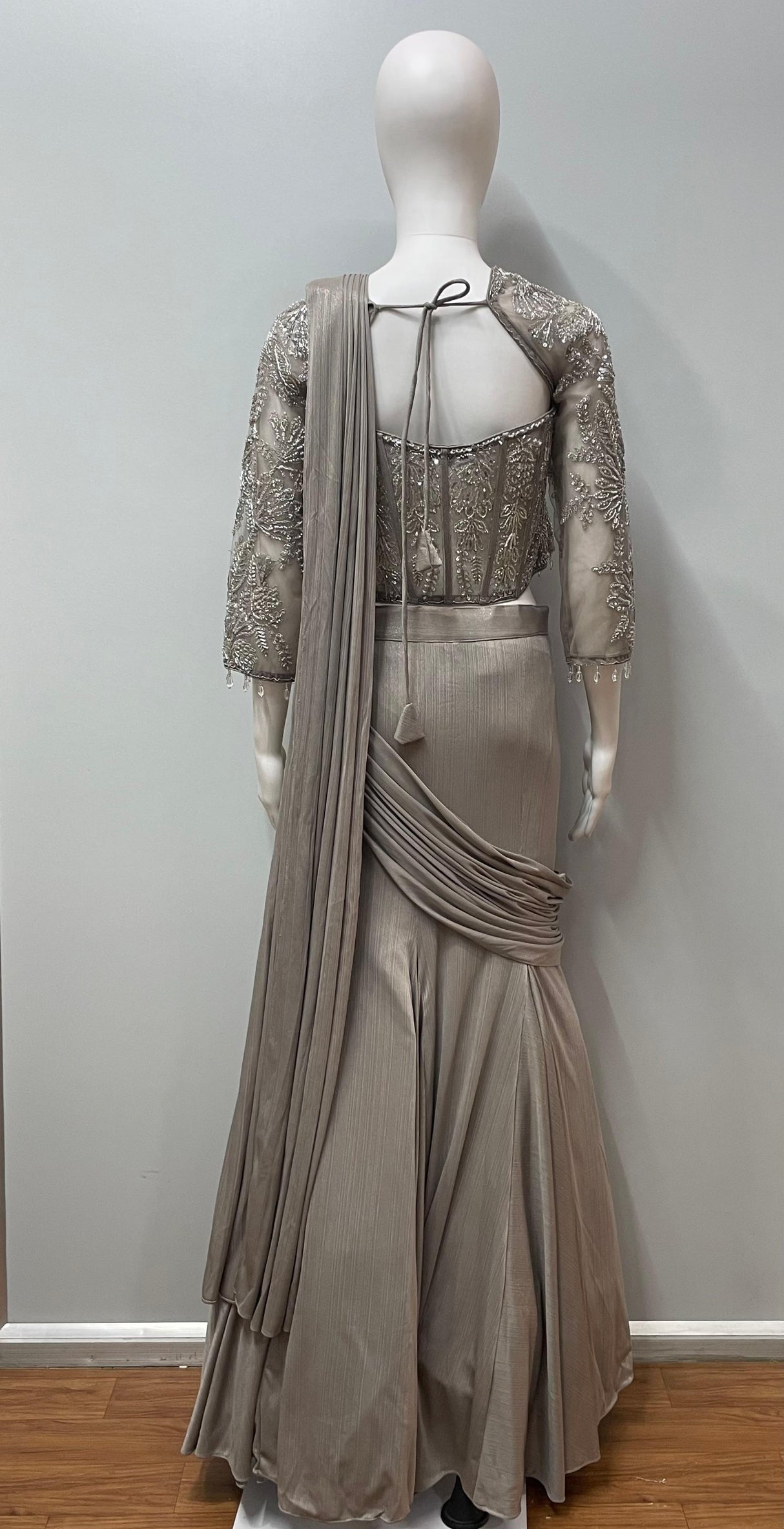 Taupe Silver Corset Pre-Draped Saree Set