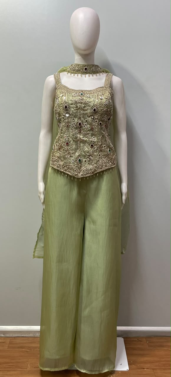 Pistachio Green Multicolor Jewel Palazzo Set