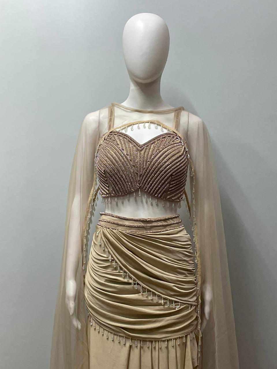 Champagne Pearl Draped Cape Lehenga Set