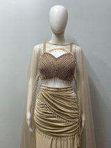 Champagne Pearl Draped Cape Lehenga Set