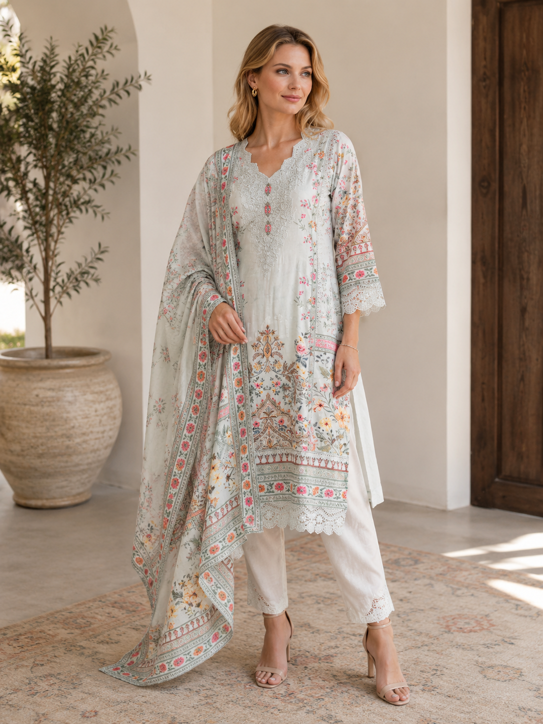 Mint Floral Embroidered Kurta Set