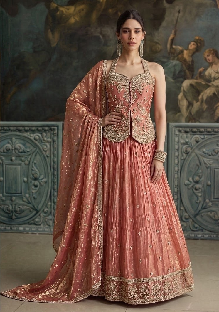 Vintage Rose Antique Gold Floral Lehenga Set