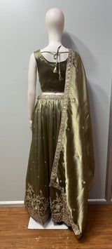 Antique Olive Gold Ruby Emerald Jewel Lehenga Set