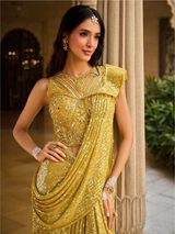 Floor-length sunflower gold draped skirt catching the light