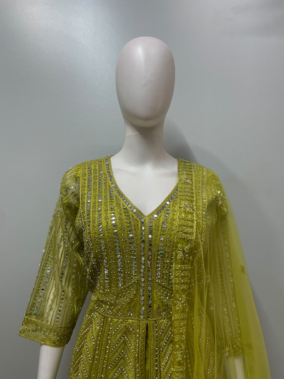 Chartreuse Gold Mirrorwork Anarkali Couture Set
