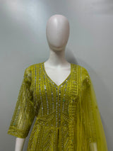 Chartreuse Gold Mirrorwork Anarkali Couture Set
